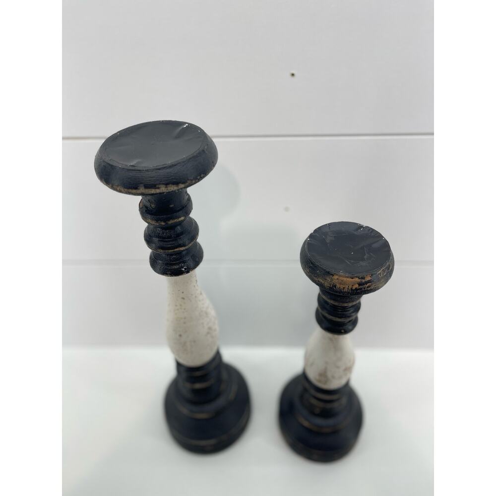 Farmhouse Chunky Wood Candle Holders Black White Distressed Pair Two Home Decor - Picture 2 of 4